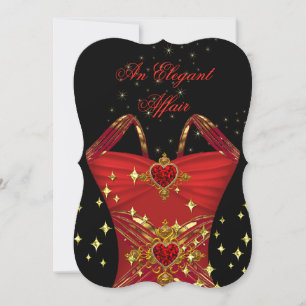 Invitación Asunto Elegante Vestido Rojo Negro Dorado Cumpleañ