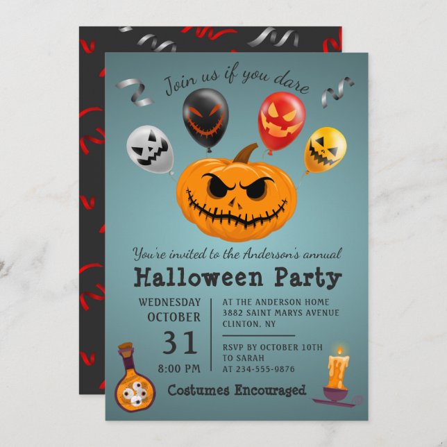 Invitación Asustado Monstruo Calabaza Balón Fiesta Halloween (Anverso / Reverso)