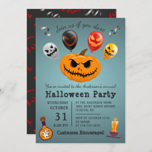 Invitación Asustado Monstruo Calabaza Balón Fiesta Halloween