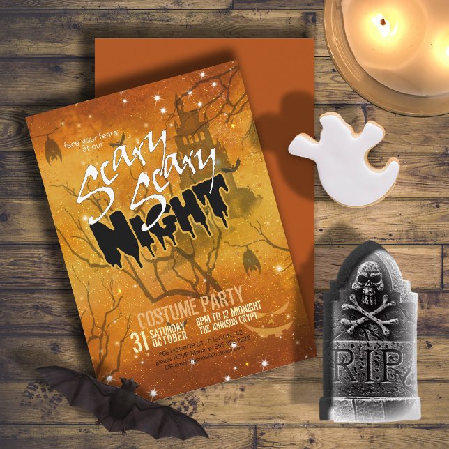 Invitación Asustado Naranja de Halloween de la noche del mied (Front/Back In Situ)