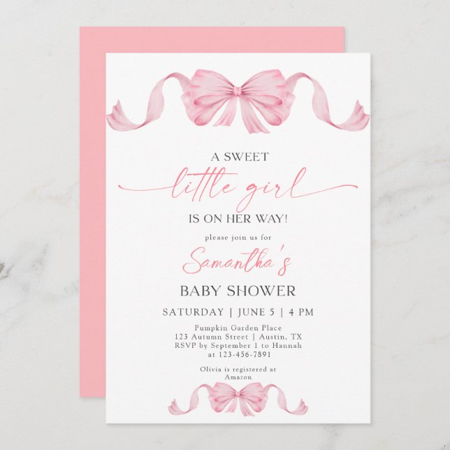 Invitación ASweet Little Girl Coquette Bow Border Baby Shower (Anverso / Reverso)