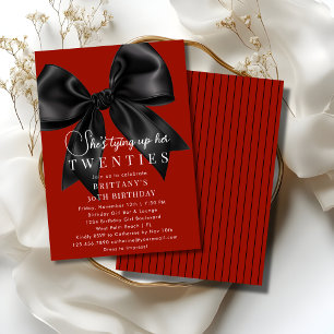 Invitación Atando Mis 20 Años Lazo Negro Rojo Intenso Cumplea