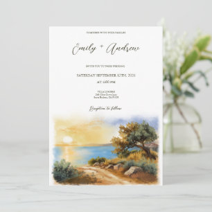 Invitación Atardecer acuarela costa mediterráneo boda media