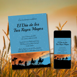 Invitación Atardecer Azul Claro Español Reyes Magos Navidad