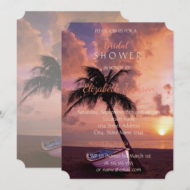 Invitación Atardecer de bodas de playa, palmera, ducha de nov (Anverso / Reverso)