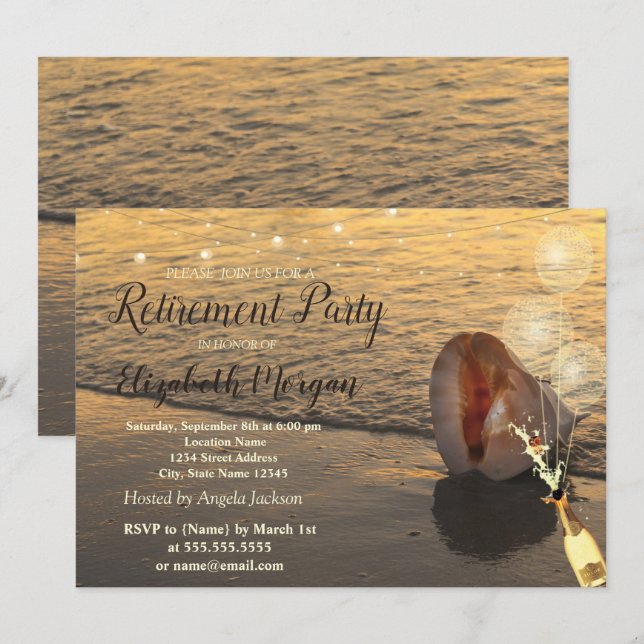 Invitación Atardecer de playa, concha de mar, globos, jubilac (Anverso / Reverso)