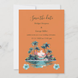 Invitación Atardecer en isla tropical con palmeras y hibisco 