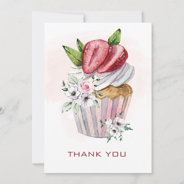 Invitación Atarta cuajada de acuarela, fresa, gracias florale (Anverso)
