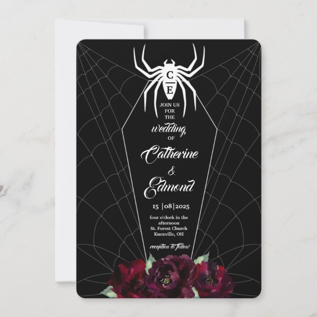 Invitación Ataúd de telaraña negro y blanco Hallowedding (Anverso)