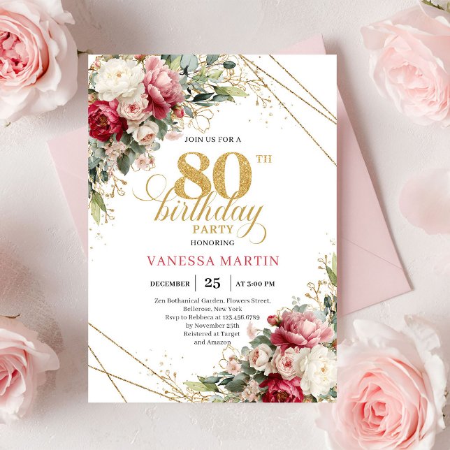 Invitación atemporal de cumpleaños 80 en tono borg (Timeless Blush Burgundy Greenery 80th Invite)