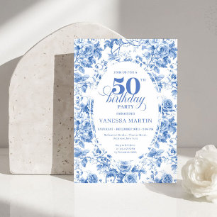 Invitación Atemporal Royal Azul Toile de Jouy 50 Cumpleaños