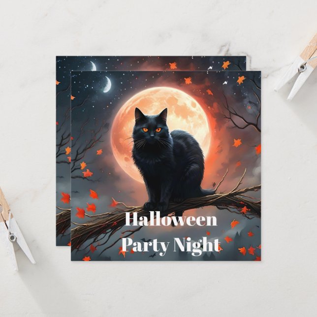 Invitación Aterrador Halloween Black Cat Moonlight, (Anverso/Reverso In Situ)