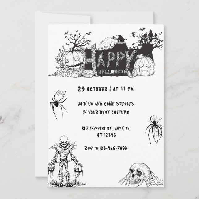 Invitación Aterrador negro y blanco feliz Fiesta de Halloween (Anverso)
