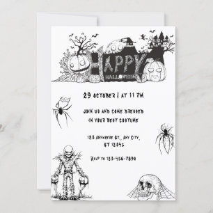 Invitación Aterrador negro y blanco feliz Fiesta de Halloween