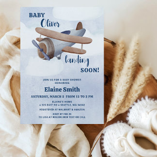 Invitación Aterrizar pronto Baby Shower del avión Blue Boy