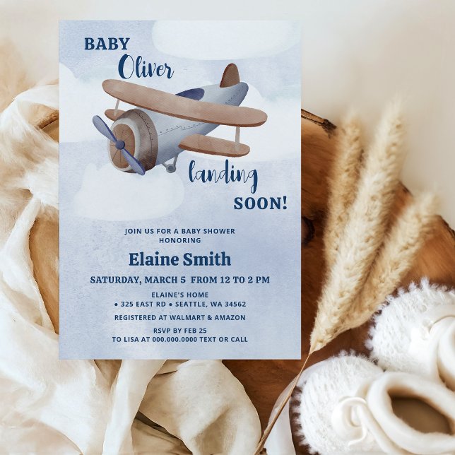 Invitación Aterrizar pronto Baby Shower del avión Blue Boy (Landing Soon Blue Boy Airplane Baby Shower Invitation)