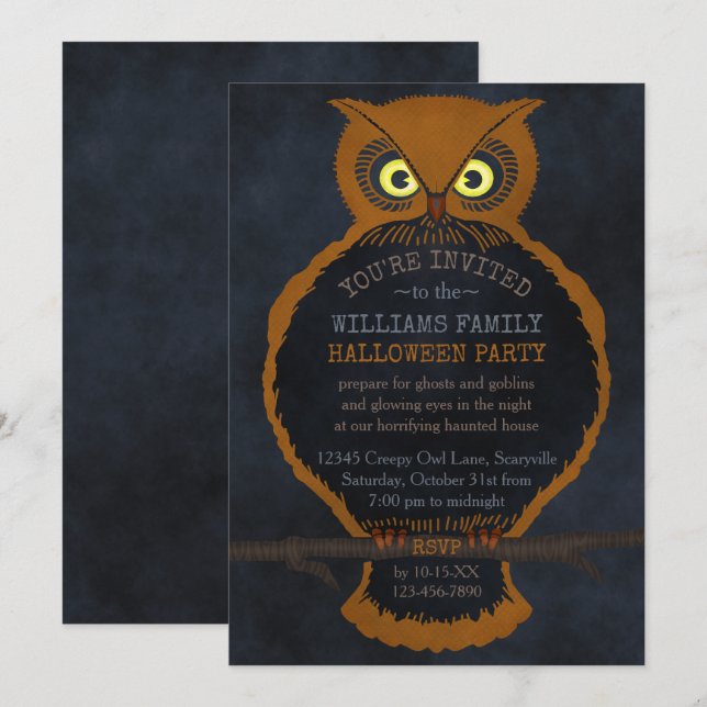 Invitación Aterrorífico Naranja de Halloween, Owl, atormentad (Anverso / Reverso)