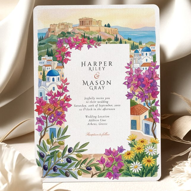 Invitación Athens Greece Acropolis Bougainvillea Wedding (Subido por el creador)