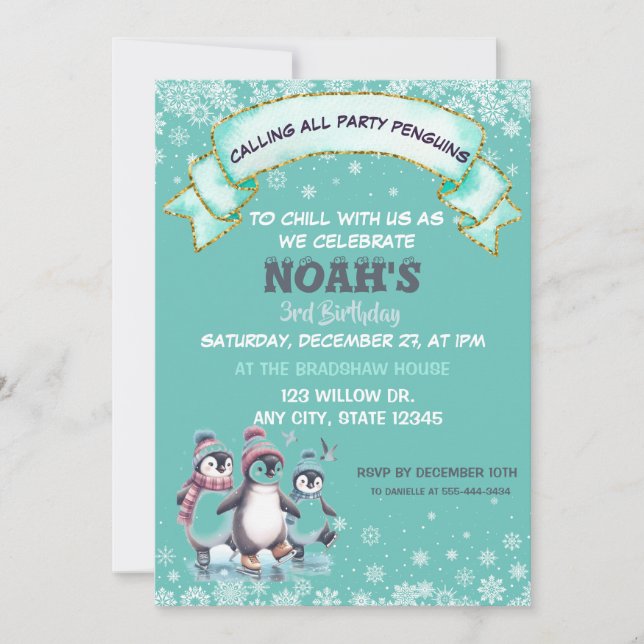 Invitación atracción de nieve lindo Penguin cumpleaños (Anverso)