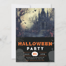 Invitación Atractiva casa embrujada y bats Black Halloween
