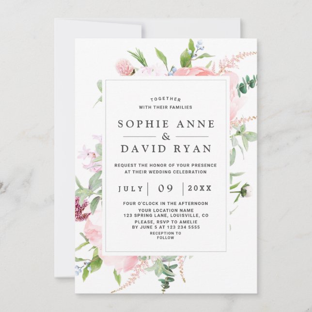 Invitación Atractivo acuarela Peony Floral Frame Boda (Anverso)