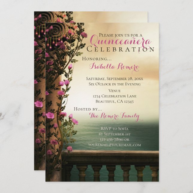 Invitación Atractivo Balcón con Playa Rosa Rosa Quinceañera (Anverso / Reverso)