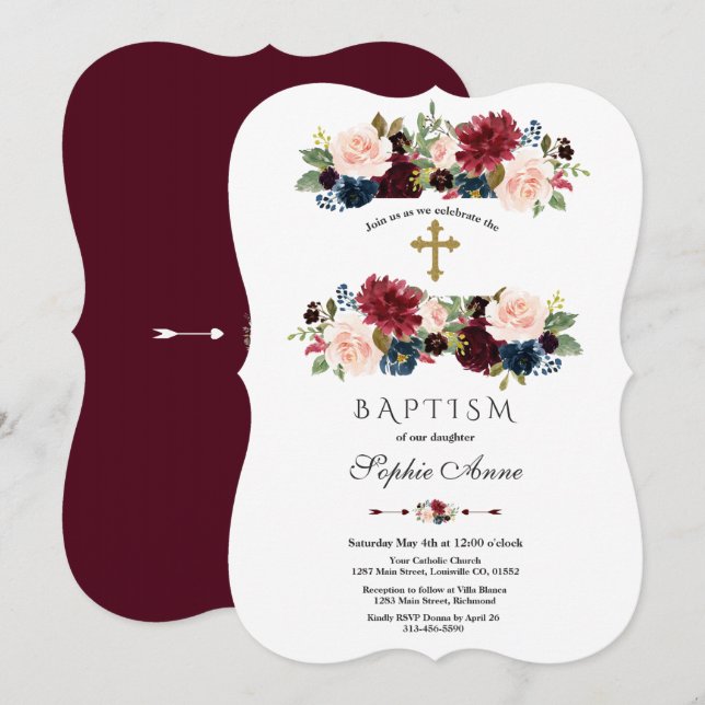 Invitación Atractivo bautismo floral azul de la marina Merlot (Anverso / Reverso)