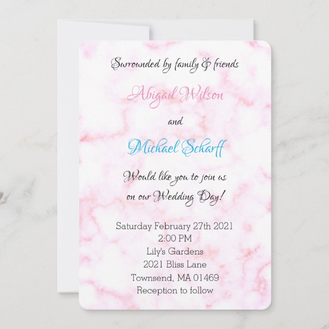 Invitación Atractivo Boda de Mármol Blanco y Rosa Pálido (Reverso)