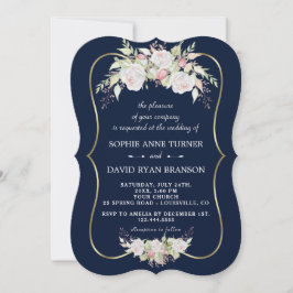 Invitación Atractivo Boda de oro azul de la Marina Rosa Blanc