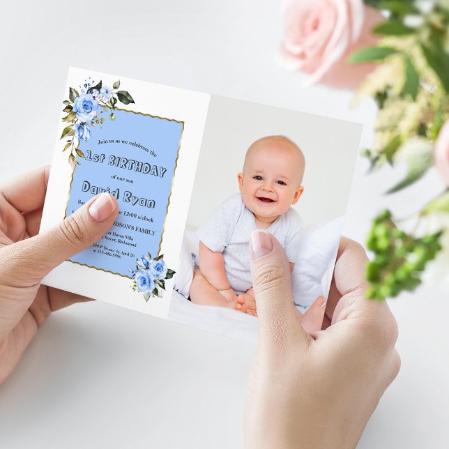 Invitación Atractivo foto de Blue Flowers Primer cumpleaños (Subido por el creador)