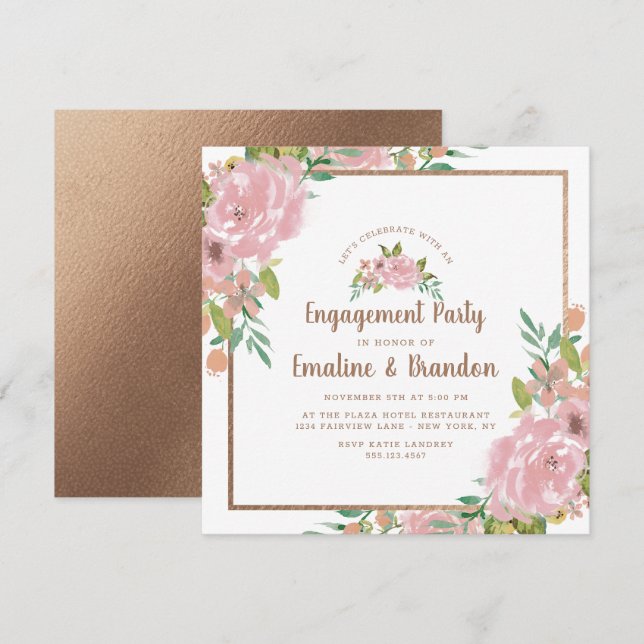 Invitación Atractivo Partido de compromiso rosado con Rosa Vi (Anverso / Reverso)