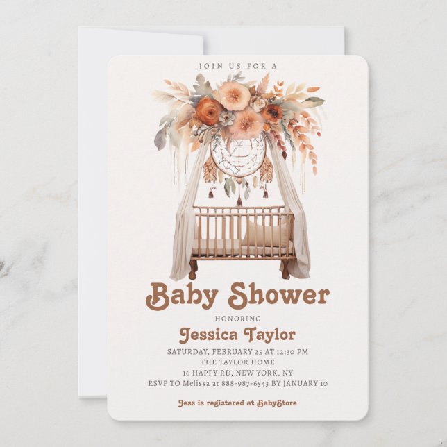 Invitación Atrapa Sueños Boho Floral Niña Cuna Baby Shower (Anverso)