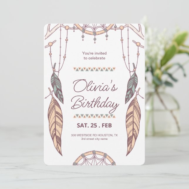 Invitación Atrapa sueños Boho Tribal, Fiesta de cumpleaños Bo (Anverso de pie)