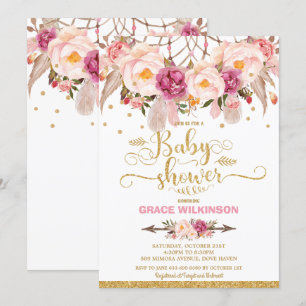 Invitación Atrapa Sueños Floral Boho Baby Shower Niña