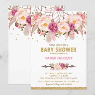Invitación Atrapa Sueños Floral Boho Baby Shower Niña