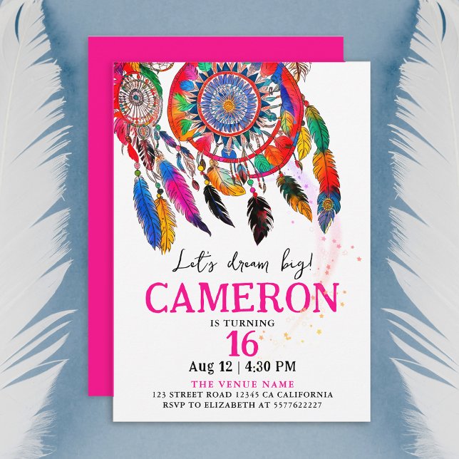 Invitación Atrapa Sueños Rosa Colorido Boho Cumpleaños Acuare (Subido por el creador)