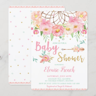 Invitación Atrapa Sueños Rosa Floral Boho Baby Shower Niña