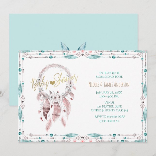 Invitación Atrapador de Sueños de Plumas Bohemio para Baby Sh (Anverso / Reverso)