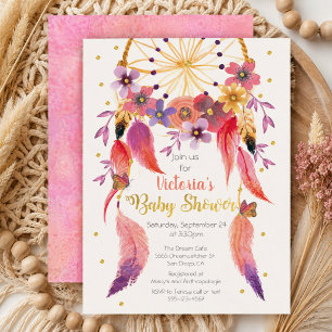 Invitación Atrapasueños acuarela con lámina de oro Baby Showe