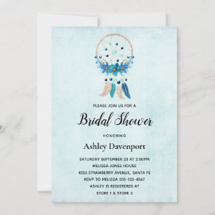 Invitación Atrapasueños Azul con Flores y Plumas Nupciales