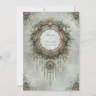 Invitación Atrapasueños Bohemio de Plumas Bodas Dorado Turque
