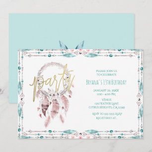 Invitación Atrapasueños Bohemio de Plumas Cumpleaños en Turqu
