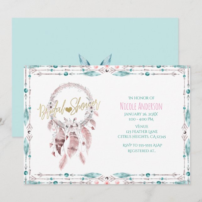 Invitación Atrapasueños Bohemio de Plumas para Fiesta de Desp (Anverso / Reverso)