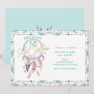 Invitación Atrapasueños Bohemio de Plumas Turquesa Rosa Dulce
