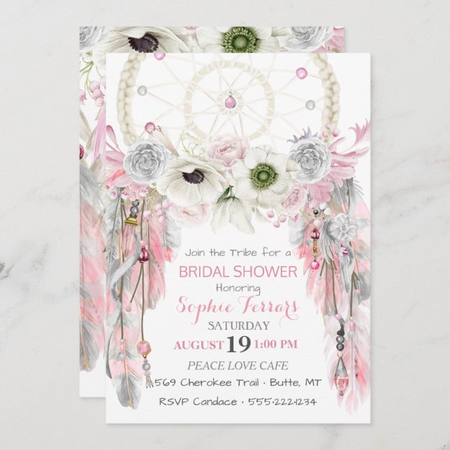 Invitación Atrapasueños Bohemio Plumas Rosa Gris Marfil (Anverso / Reverso)