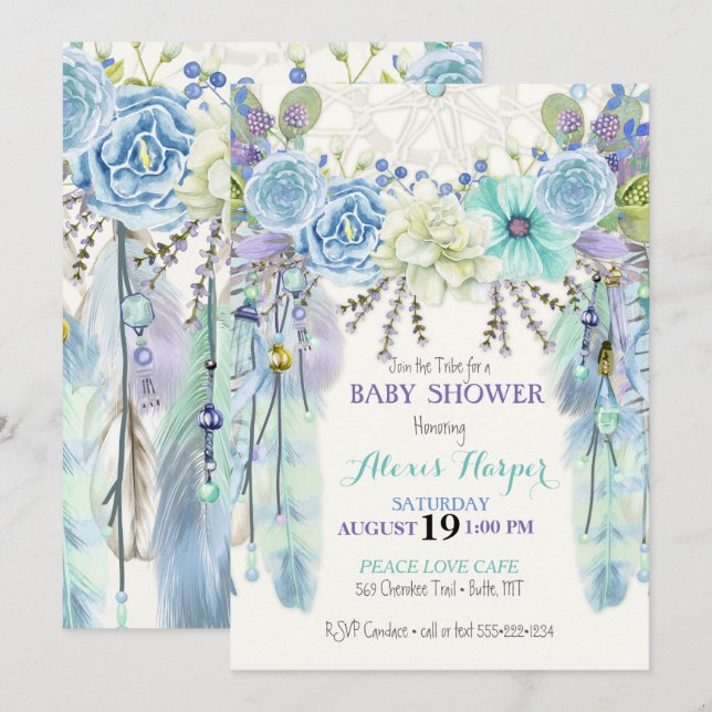 Invitación Atrapasueños Bohemio Plumas Turquesa Azul Menta (Anverso / Reverso)