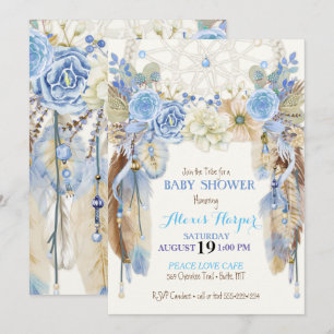 Invitación Atrapasueños Boho Plumas Azul Marfil Marrón