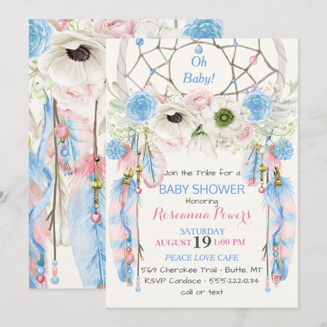 Invitación Atrapasueños Boho Plumas Azul y Rosa (Anverso / Reverso)