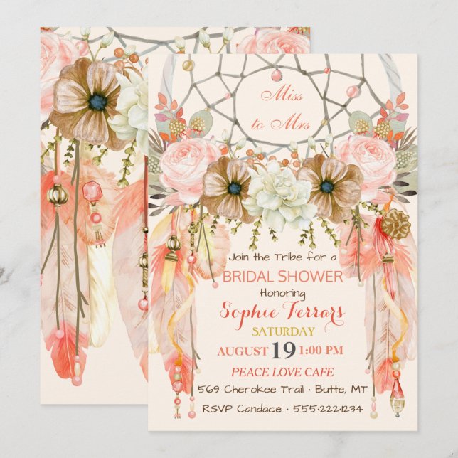 Invitación Atrapasueños Boho Plumas Coral Melocotón (Anverso / Reverso)