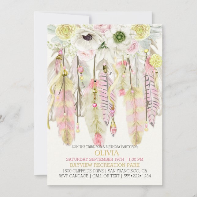 Invitación Atrapasueños Boho Plumas Cristales Rosa Amarillo (Anverso)